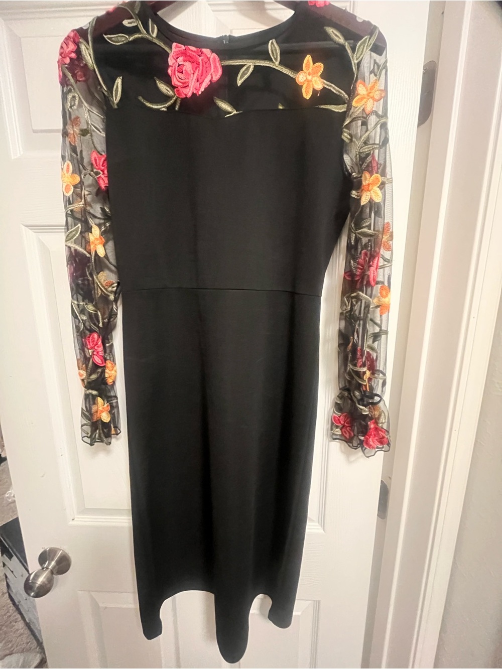 Black Floral Embroidered Mesh Sleeve Dress